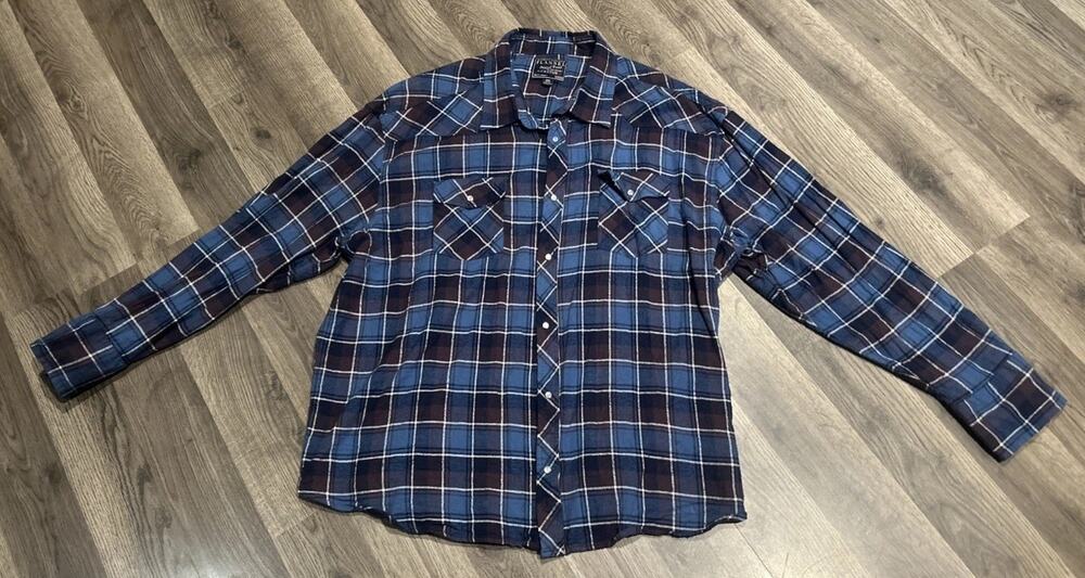Men’s Flannel Blue Plaid Cactus XXL Snap Pearl Button Long Sleeve Workwear Shirt